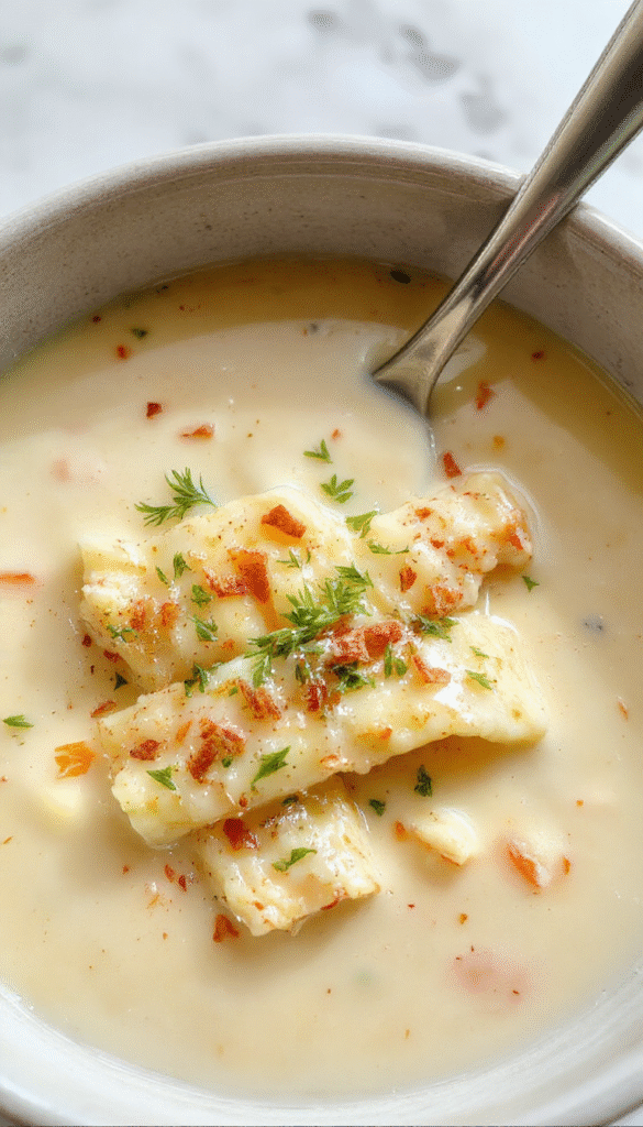 A vibrant bowl of white lasagna soup featuring a creamy broth with layers of ricotta and mozzarella, topped with grated cheese, fresh basil, and crispy bread croutons, garnished with herbs on a rustic wooden table