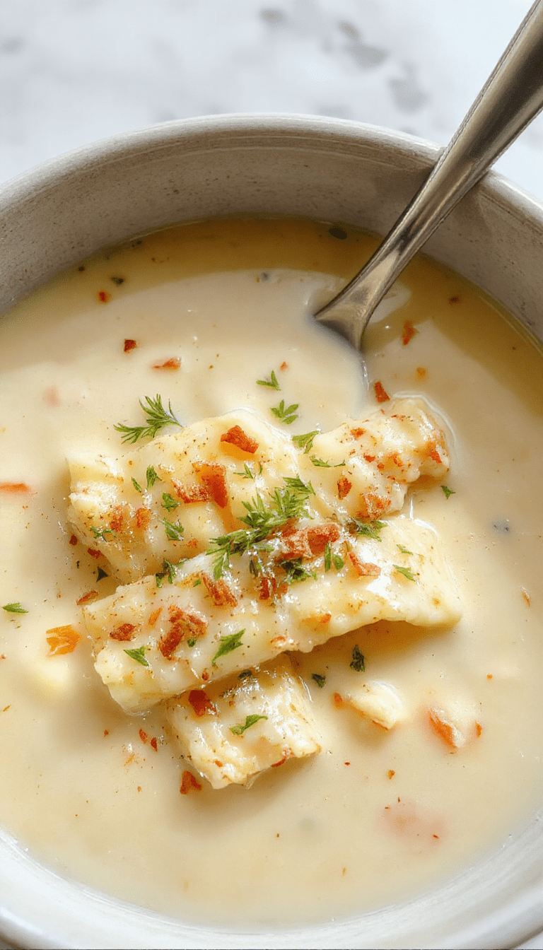 A vibrant bowl of white lasagna soup featuring a creamy broth with layers of ricotta and mozzarella, topped with grated cheese, fresh basil, and crispy bread croutons, garnished with herbs on a rustic wooden table