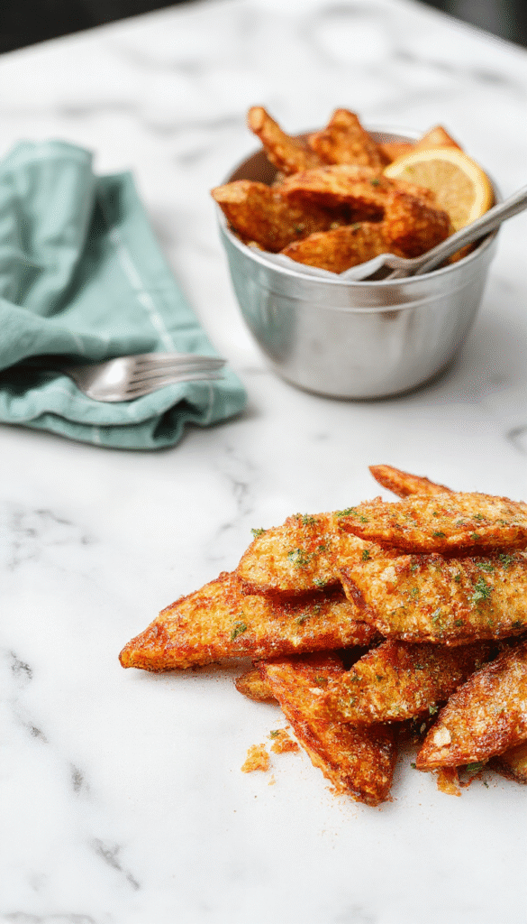 Vivid image showcasing golden crispy oven baked sweet potato fries arranged on a rustic wooden platter, garnished with fresh parsley, with a textured background and natural lighting emphasizing their crunchy texture and orange hue.