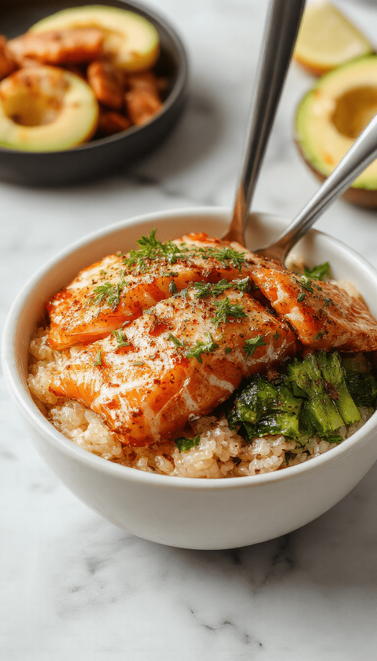 A vibrant bowl featuring crispy glazed salmon fillets atop fluffy steamed rice, garnished with green herbs, sesame seeds, and colorful vegetables. The presentation highlights crispy skin textures, bright colors, and a balanced composition on a rustic wooden table.