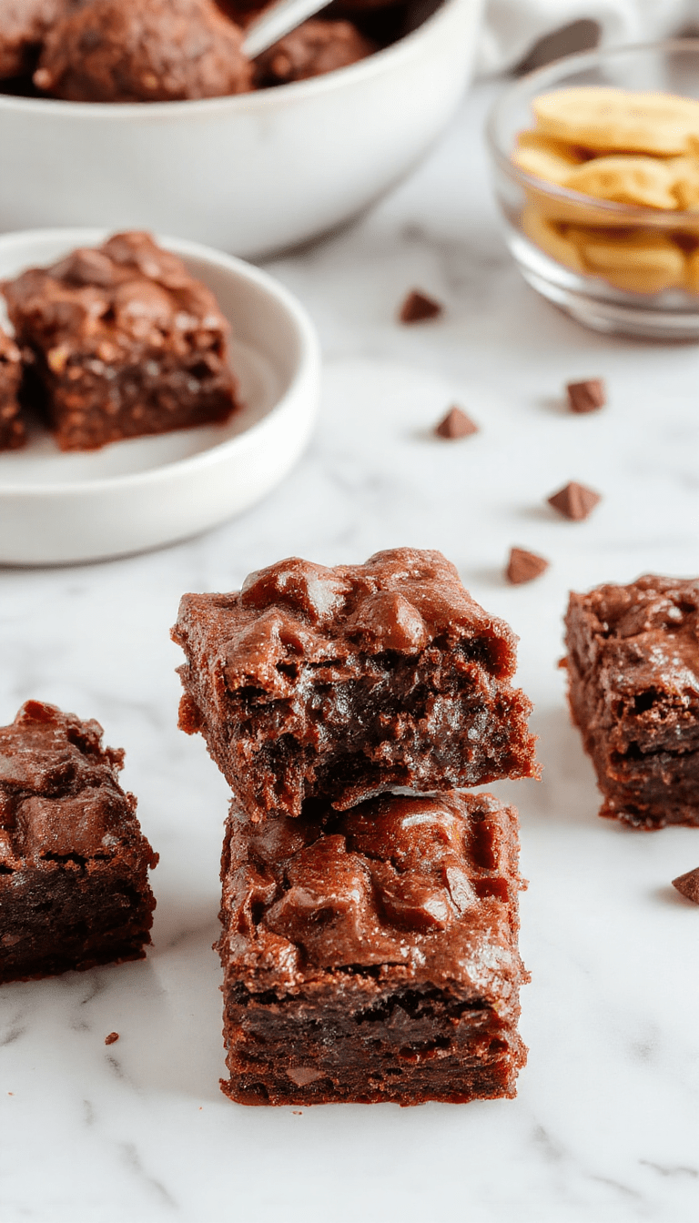 A close-up of a freshly baked batch of one bowl brownies on a rustic wooden surface, with a few pieces broken to reveal gooey chocolate interior, topped with a sprinkle of powdered sugar and served on a stylish plate with a fork, showcasing moist, fudgy texture and rich aroma.
