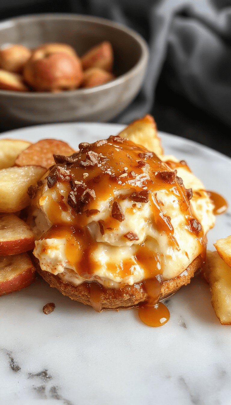 A close-up view of a creamy caramel apple cheesecake dip in a clear glass bowl, topped with caramel drizzle, crisp apple slices around, and a sprinkle of crushed graham crackers. The dip's smooth texture contrasts with the crispy apple slices, creating an inviting and colorful dessert scene. Bright lighting highlights the glossy caramel and vibrant apple colors, styled on a rustic wooden table.
