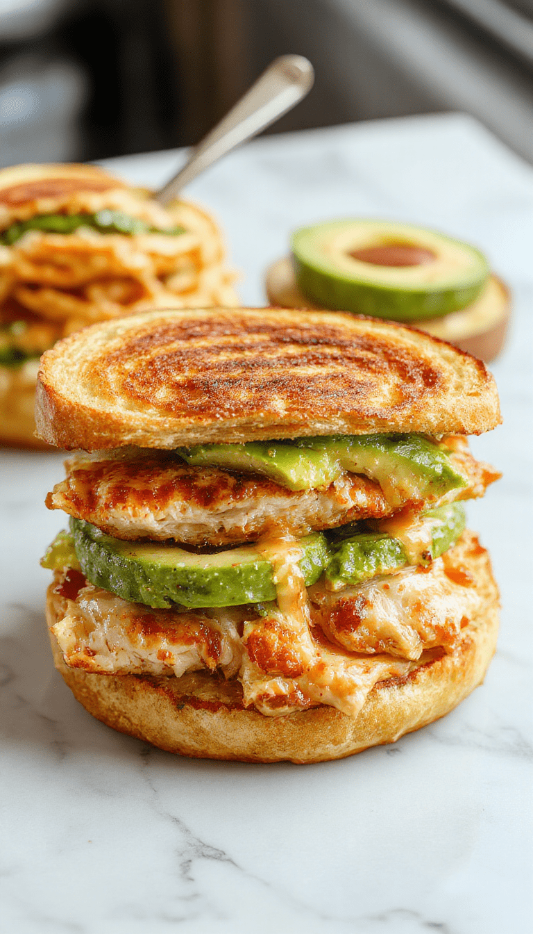 A close-up of a toasted melt sandwich featuring golden-brown bread slices filled with creamy sliced avocado, tender grilled chicken, melted cheese, and fresh lettuce, garnished with herbs on a rustic wooden board