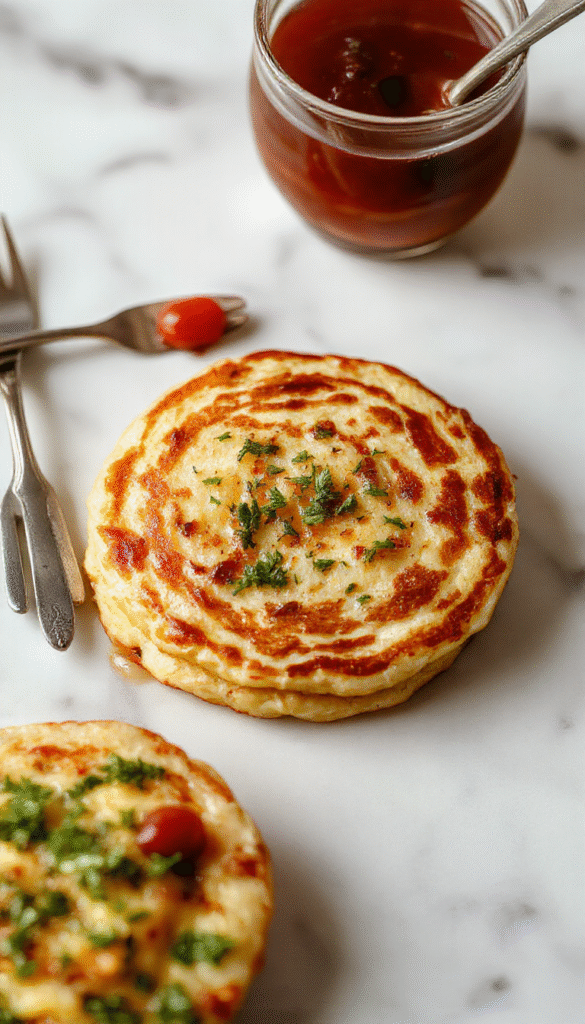 A close-up of golden-brown German potato pancakes stacked on a rustic wooden plate, garnished with freshly chopped parsley and served with a side of applesauce. The pancakes are crispy on the edges and soft inside, showcasing a textured surface with shredded potatoes visible. The vibrant colors of the pancakes contrast with the green herbs, and a fork rests beside the dish.