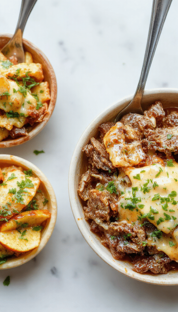A vibrant, colorful plate featuring a savory Philly Cheesesteak Bowl with thinly sliced beef, melted cheese, sautéed peppers and onions, all nestled over fluffy rice. The dish is garnished with fresh herbs and served on a rustic wooden surface, with a side of crispy fries and a drizzle of sauce, highlighting textures and rich flavors.