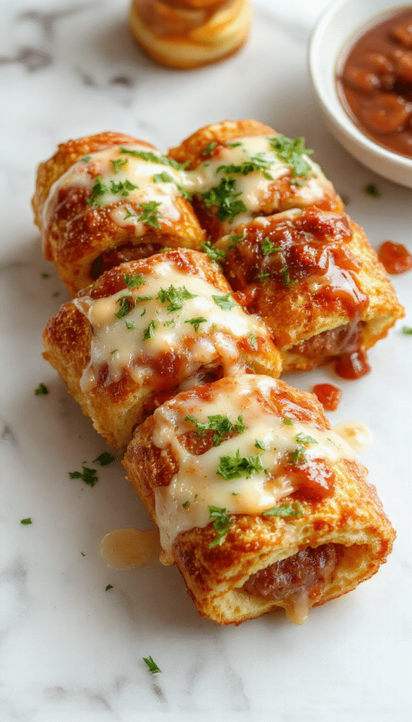 Colorful platter of golden-brown sausage French toast roll-ups filled with melted cheese and cooked sausage, garnished with powdered sugar and fresh berries, arranged neatly on a rustic wooden board