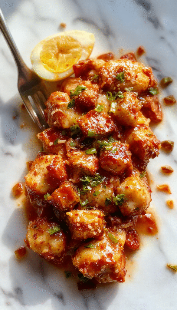 A vibrant plate of sesame chicken featuring golden-brown crispy chicken pieces topped with toasted sesame seeds, garnished with sliced green onions on a white ceramic plate against a rustic wooden table, with glossy sauce drizzled over the chicken, highlighting the sticky texture and fresh ingredients.