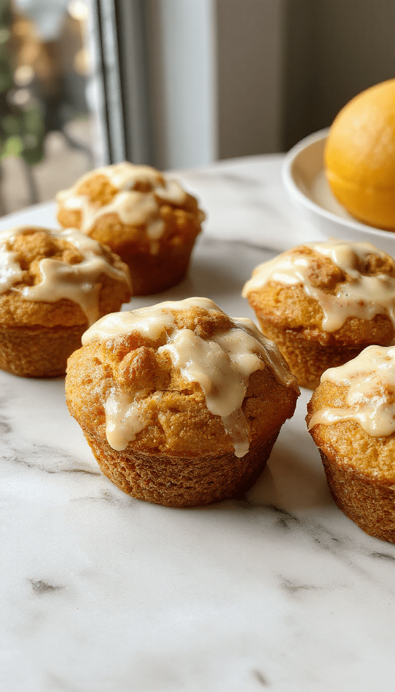 Colorful pumpkin cream cheese muffins arranged on a rustic wooden platter, topped with swirl of cream cheese frosting and sprinkled with cinnamon, showcasing moist crumb and smooth frosting textures, styled with autumn leaves and warm lighting