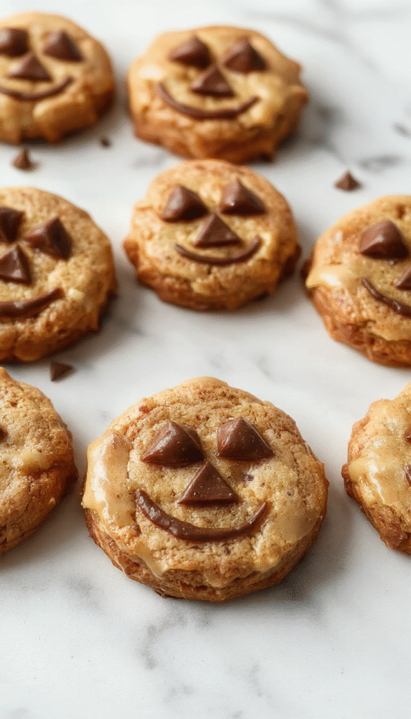 Colorful Halloween-themed cookies shaped like jack-o'-lanterns with bright orange icing, detailed faces, and smooth milk chocolate fillings bursting from the center, arranged on a festive platter with autumn leaves and candlelight ambiance.