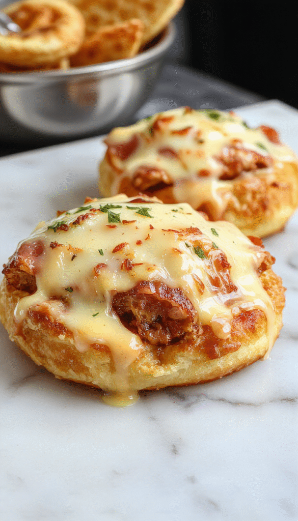 A golden-brown puff pastry croque madame topped with a perfectly fried egg, slices of ham, and melted cheese, plated on a rustic wooden board with fresh herbs and a side salad for vibrant color contrast.