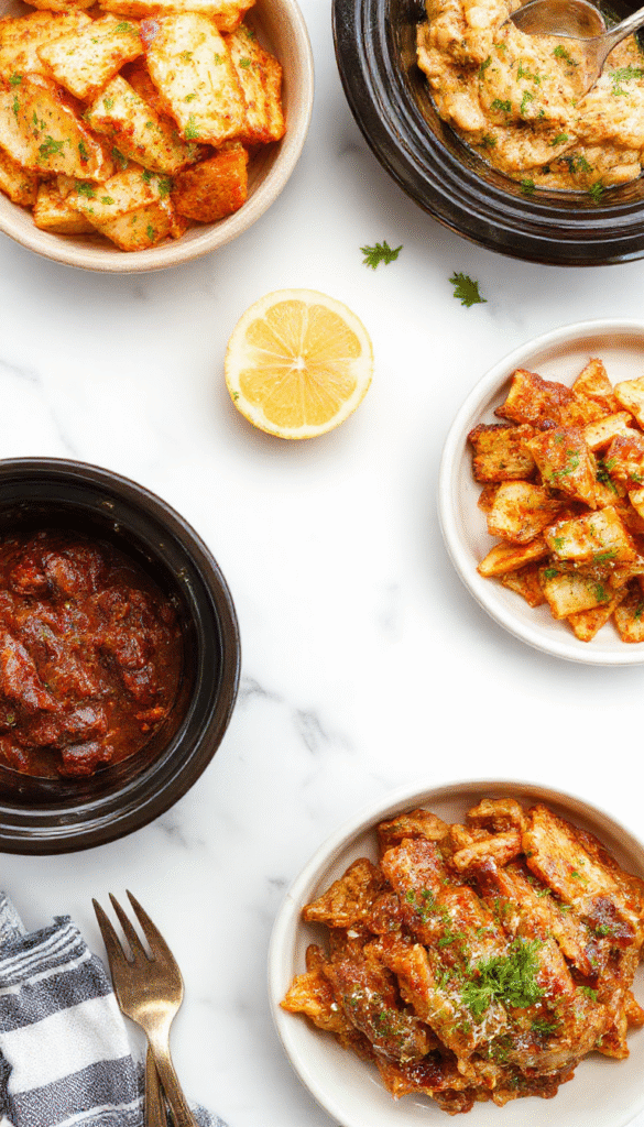 A colorful crockpot filled with a hearty, steaming anti-inflammatory stew featuring vibrant vegetables, tender chicken pieces, and aromatic herbs, styled on a rustic wooden table with a softly blurred kitchen background, emphasizing warmth and comfort.