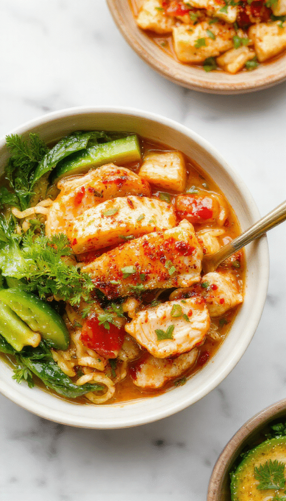 A colorful plate of chicken ramen stir fry featuring tender sliced chicken, al dente ramen noodles, vibrant vegetables like bell peppers and broccoli, all coated in a glossy savory sauce, garnished with chopped green onions and sesame seeds, styled on a rustic wooden table with chopsticks placed beside.