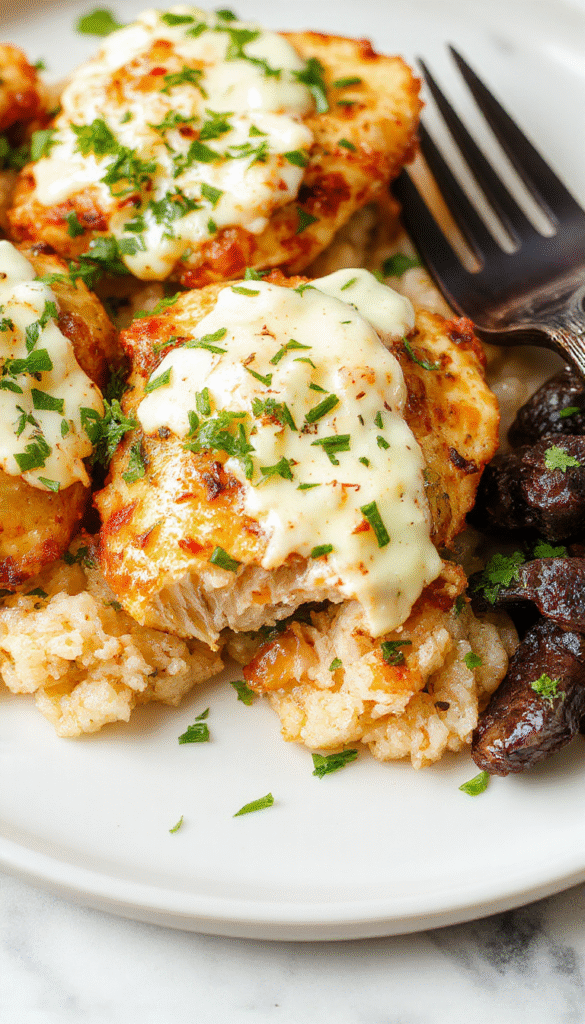 A colorful plate featuring shredded baked chicken topped with creamy tzatziki sauce, served alongside a mound of fluffy white rice. The dish is vibrant with fresh cucumber, dill, and garlic, garnished with lemon wedges and herbs. The bowl of tzatziki has a thick, creamy texture, contrasting with the tender, golden chicken and steaming rice for an inviting, appetizing presentation.