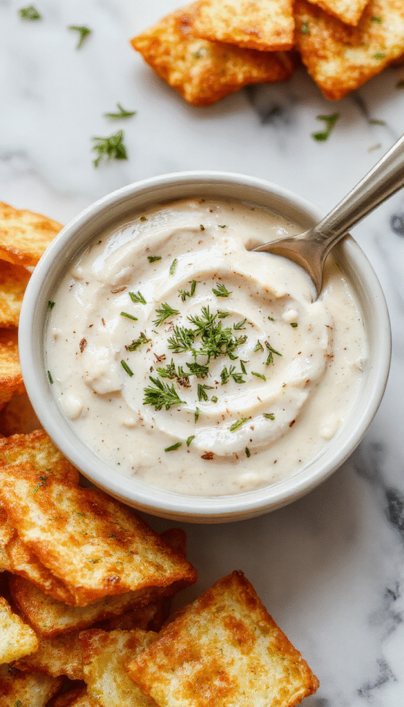 A vibrant football-themed appetizer featuring a creamy dip topped with shredded cheese, chopped green onions, and garnished with mini football-shaped tortilla chips on a rustic wooden platter, with a football and team colors in the background.