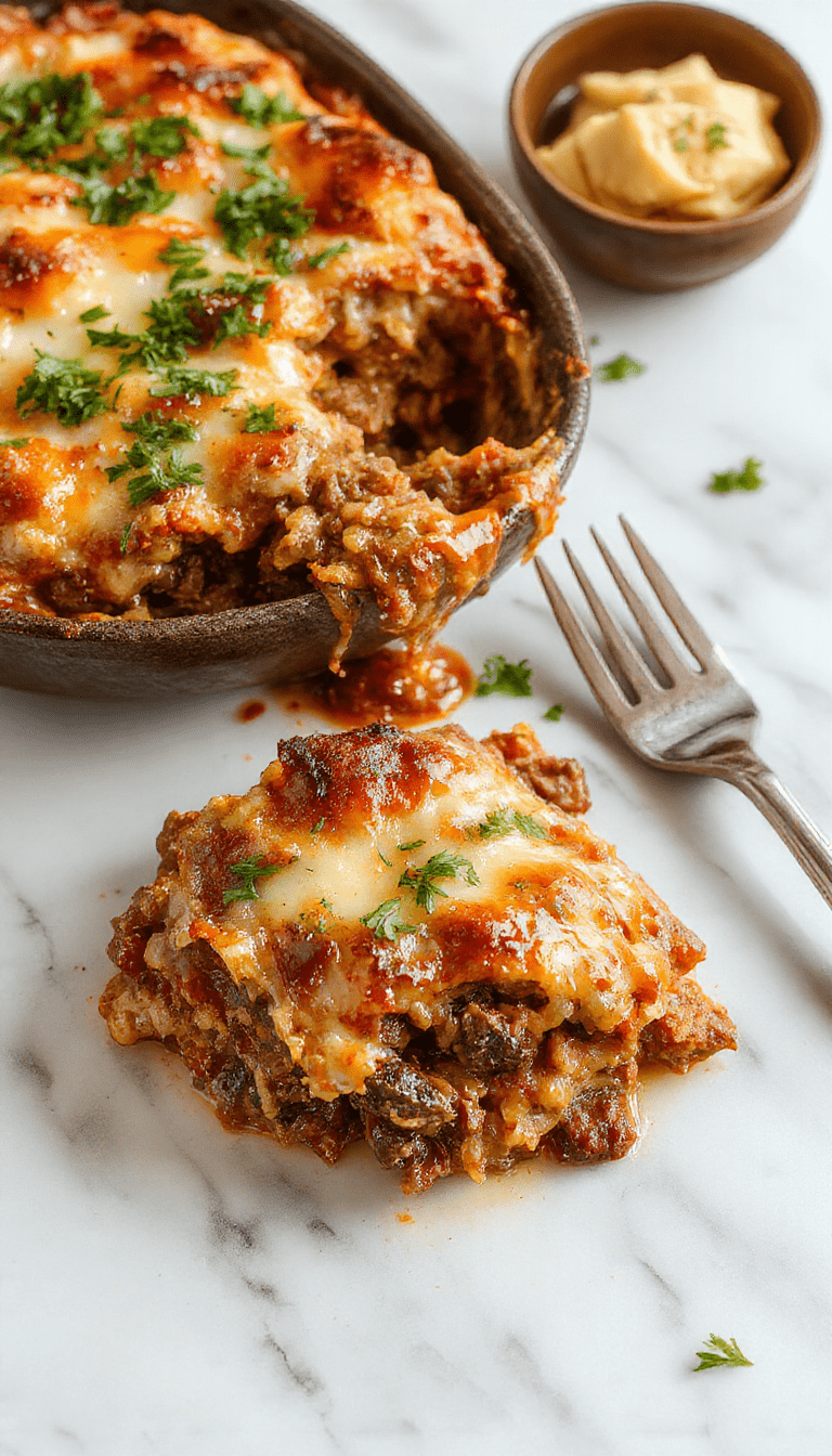 A colorful hobo casserole served in a rustic baking dish, showcasing layers of browned ground beef, melted cheese, corn, and diced potatoes, garnished with fresh herbs. The casserole is sliced open, revealing vibrant ingredients textures and a golden, bubbly top, styled on a wooden table with a spoon beside it.