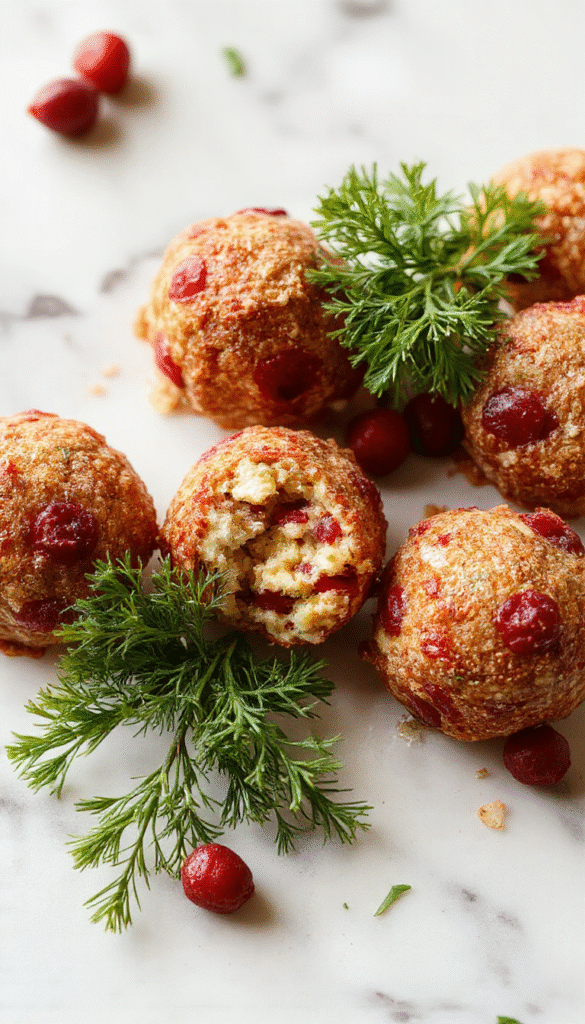 Colorful cranberry turkey stuffing balls arranged on a white plate, garnished with fresh herbs. The golden-brown exterior is crispy, with bits of cranberry and turkey visible inside, styled on a rustic wooden table with autumn-themed decorations.