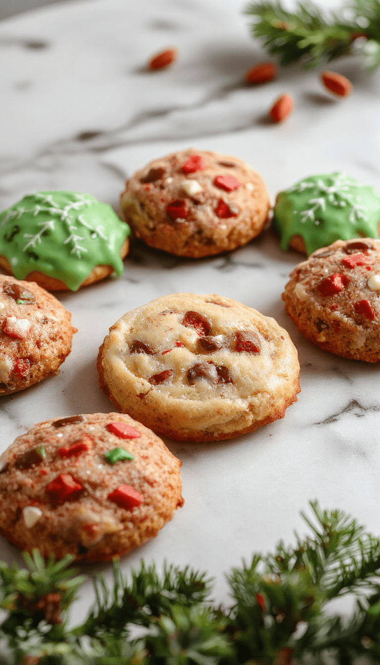 Colorful assortment of holiday cookies arranged on a festive plate, featuring gingerbread, sugar cookies, and peppermint-flavored varieties, all decorated with icing and sprinkles. The cookies display a variety of textures from smooth icing to crunchy edges, set against a cozy winter background with pinecones and holly.