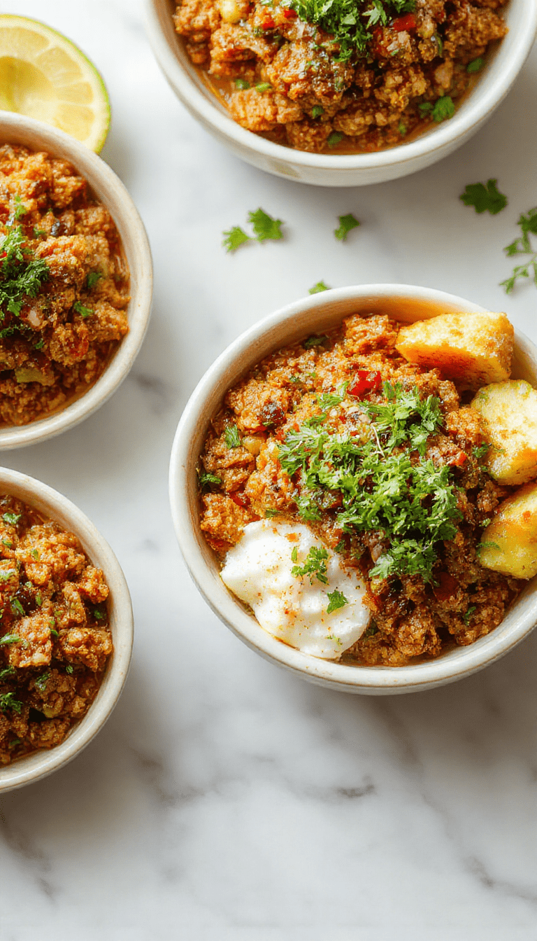 A vibrant bowl featuring juicy ground turkey glazed in a spicy bang bang sauce, garnished with fresh green herbs, served over fluffy white rice with colorful vegetables on a rustic wooden table.