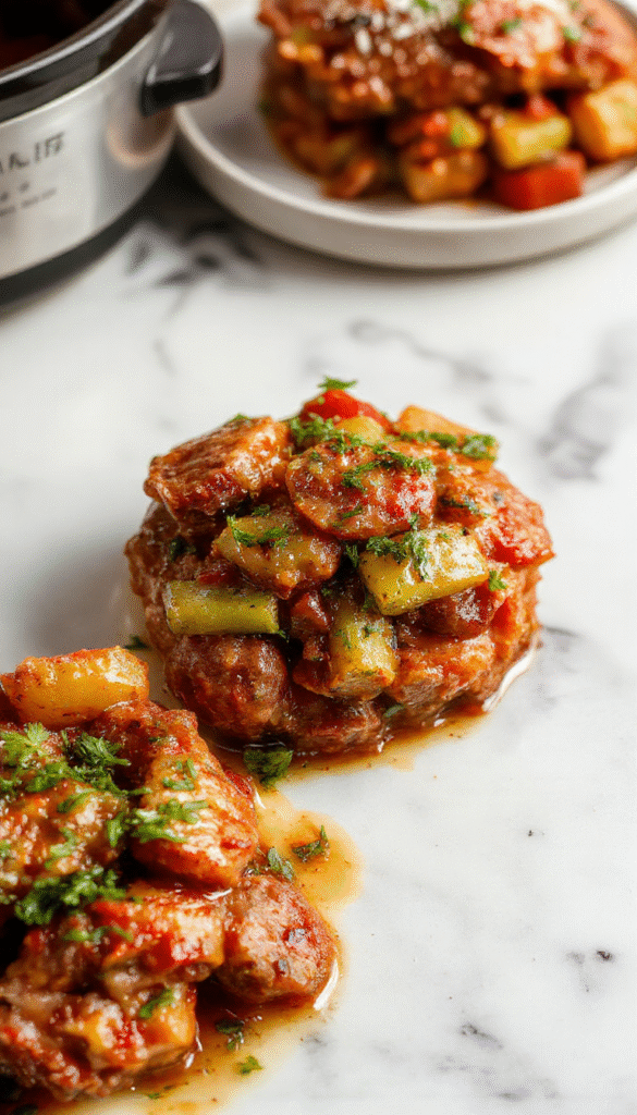 A vibrant plate featuring tender sliced sausage nestled among colorful bell peppers in red, yellow, and green hues, topped with fresh herbs. The dish is beautifully presented on a rustic wooden table with a side of crusty bread and garnished with chopped parsley, showcasing a savory and hearty meal with glossy sauces and textured ingredients.