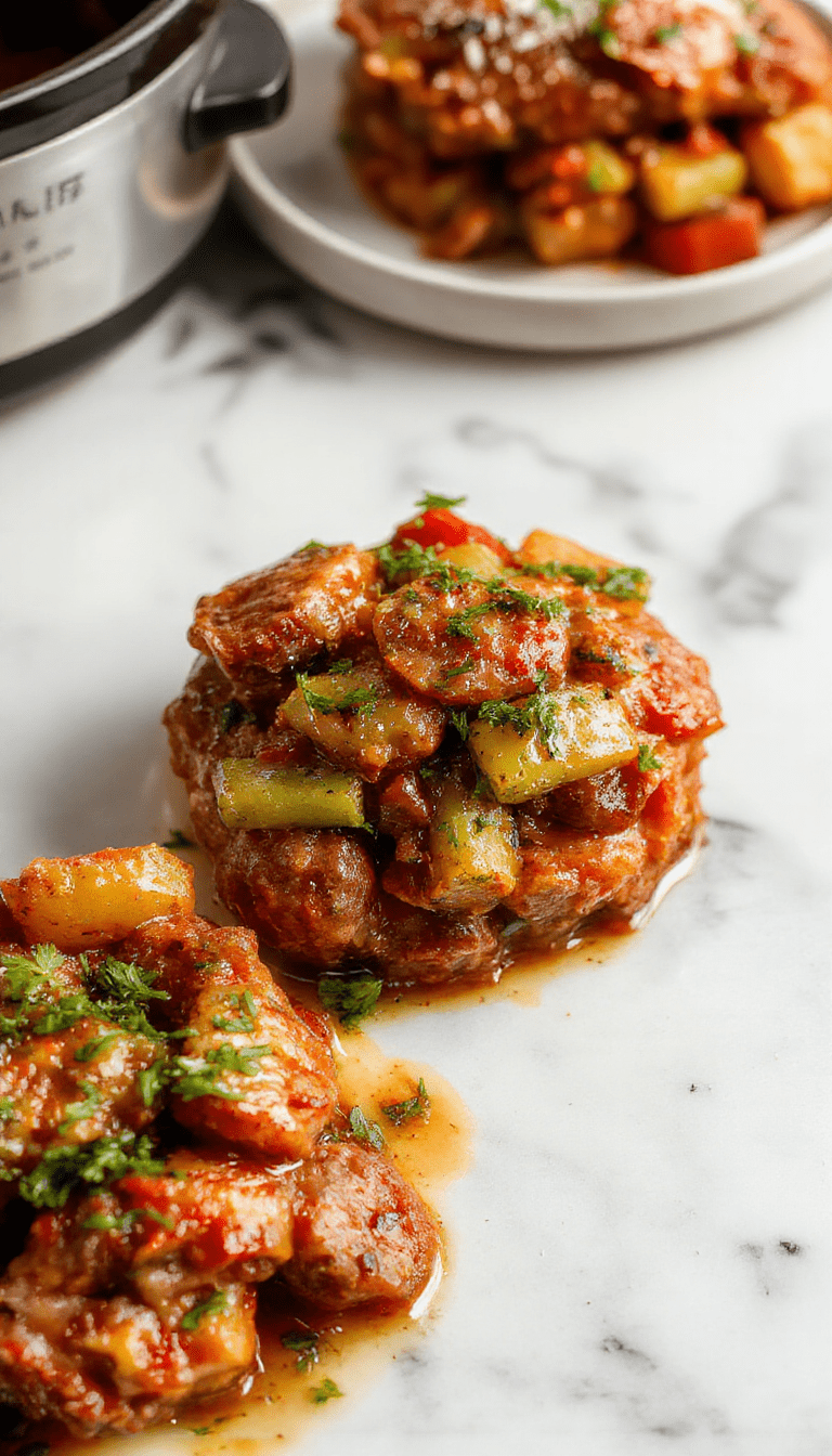 A vibrant plate featuring tender sliced sausage nestled among colorful bell peppers in red, yellow, and green hues, topped with fresh herbs. The dish is beautifully presented on a rustic wooden table with a side of crusty bread and garnished with chopped parsley, showcasing a savory and hearty meal with glossy sauces and textured ingredients.