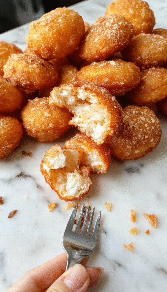 Golden brown fluffy churro bites coated in cinnamon sugar, arranged in a stylish serving bowl on a rustic wooden table, with a dipping sauce jar nearby, styled with a sprinkle of powdered sugar and fresh cinnamon sticks, highlighting crispy textures and sweet aroma.