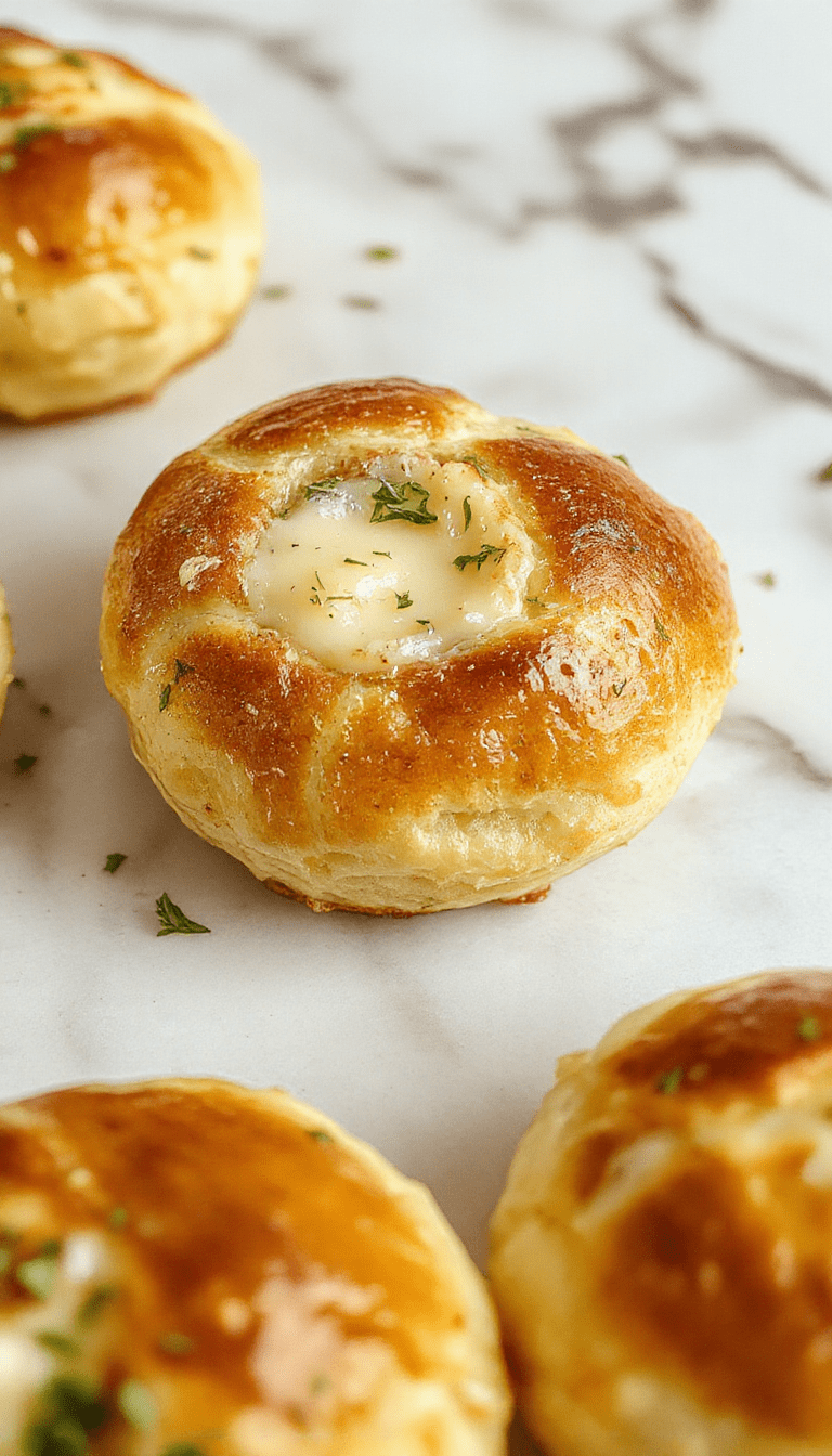 A close-up of golden brown garlic butter bread rolls arranged on a rustic wooden platter, brushed with melted garlic butter, with visible herbs and garlic pieces, showcasing soft, fluffy texture and shiny crust, styled with sprigs of fresh herbs and a dish of extra garlic butter in the background.
