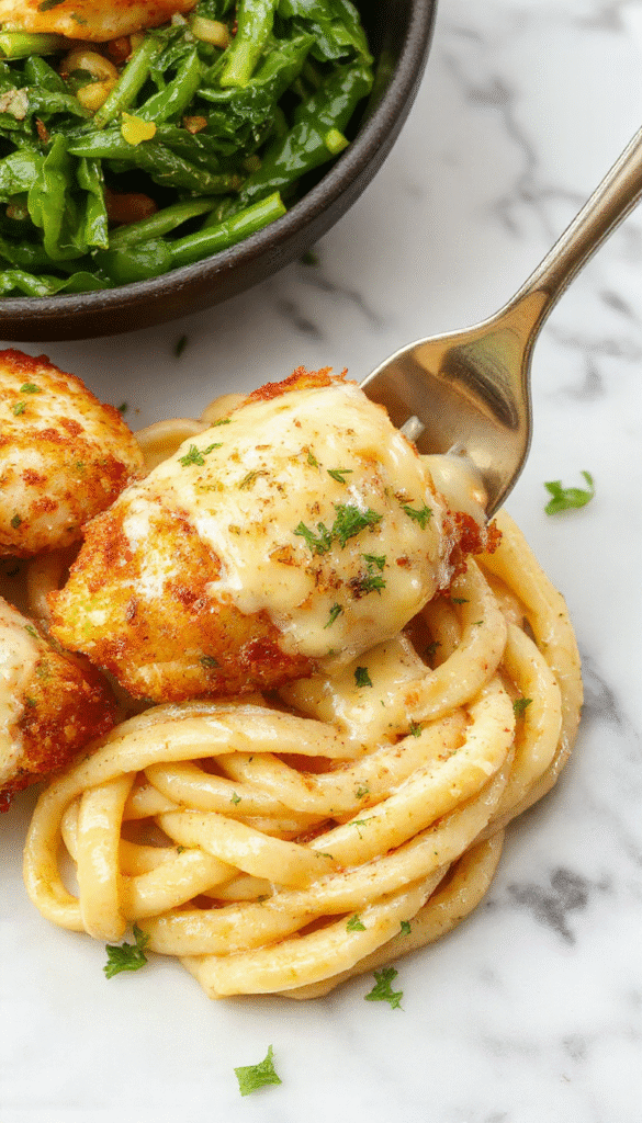 Colorful plate showcasing golden-brown garlic butter chicken bites with a side of creamy parmesan pasta garnished with fresh herbs, served on a white ceramic plate with a rustic wooden background that highlights the rich textures and appetizing appeal.
