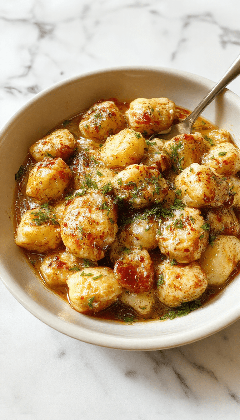 A vibrant skillet filled with golden-brown garlic chicken pieces atop soft, pillowy gnocchi, garnished with fresh parsley and drizzled with a garlic butter sauce, set against a rustic wooden background with steam rising, highlighting the savory textures and colorful presentation.