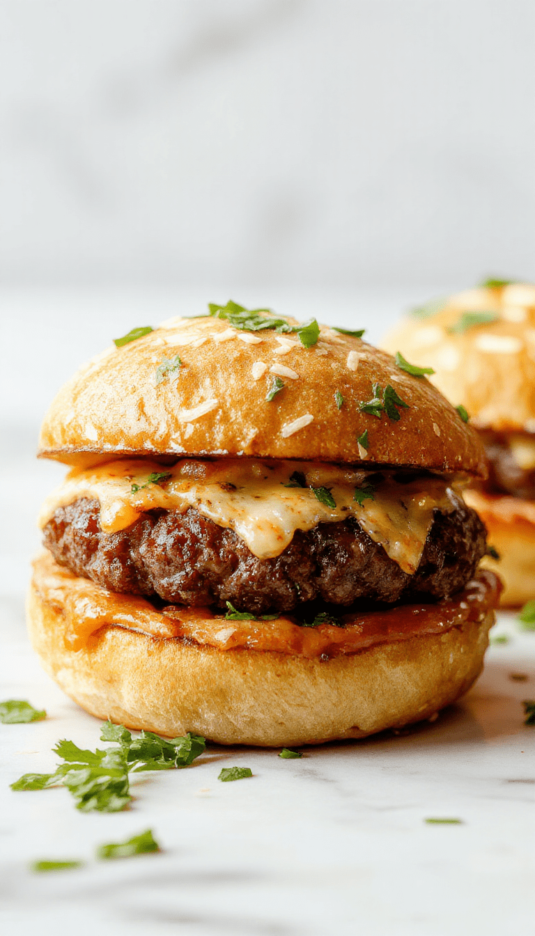 A close-up of golden-brown cheeseburger bombs topped with melted Parmesan cheese, garnished with fresh parsley, served on a rustic wooden platter with a side of dipping sauce, showing crispy exteriors and cheesy, juicy interiors