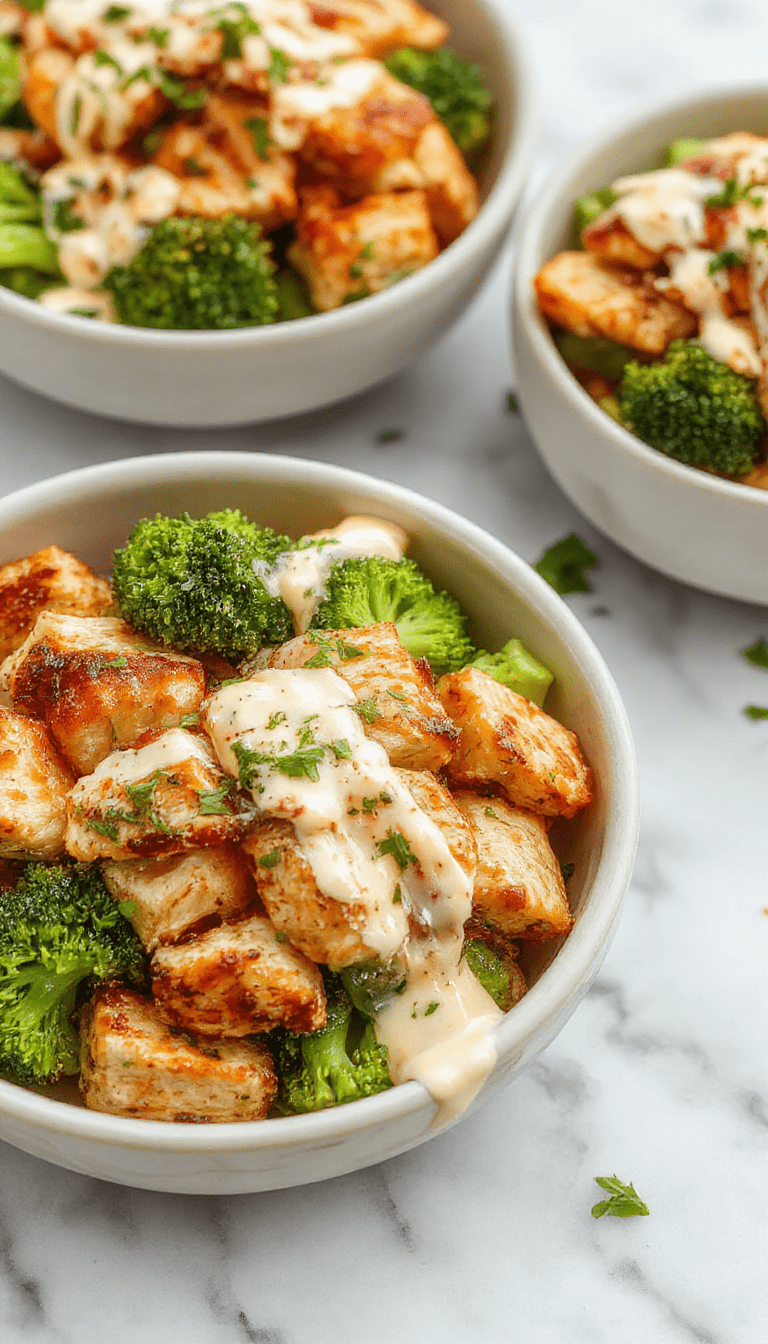 Colorful grilled chicken and vibrant green broccoli arranged in a white bowl, topped with a creamy garlic sauce drizzled over the tender meat and vegetables, sunlight illuminating the shiny surface, rustic wooden background for a fresh, inviting presentation.