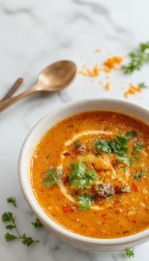 A vibrant bowl of red lentil soup featuring bright orange and red hues, topped with fresh cilantro and a squeeze of lemon, served in a rustic white bowl on a wooden surface, with a spoon beside it showing the creamy texture of the soup and fresh ingredients visible in the background.