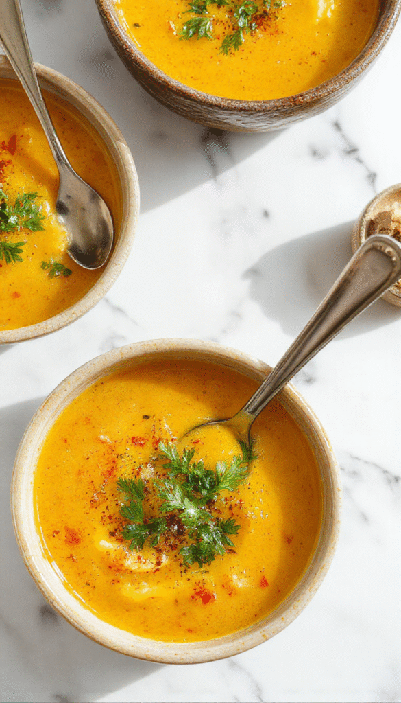 A vibrant bowl of golden turmeric chicken soup garnished with fresh herbs and lemon slices, steam rising, set on a rustic wooden table with a spoon and turmeric root in the background, emphasizing a warm, comforting, and health-boosting meal.