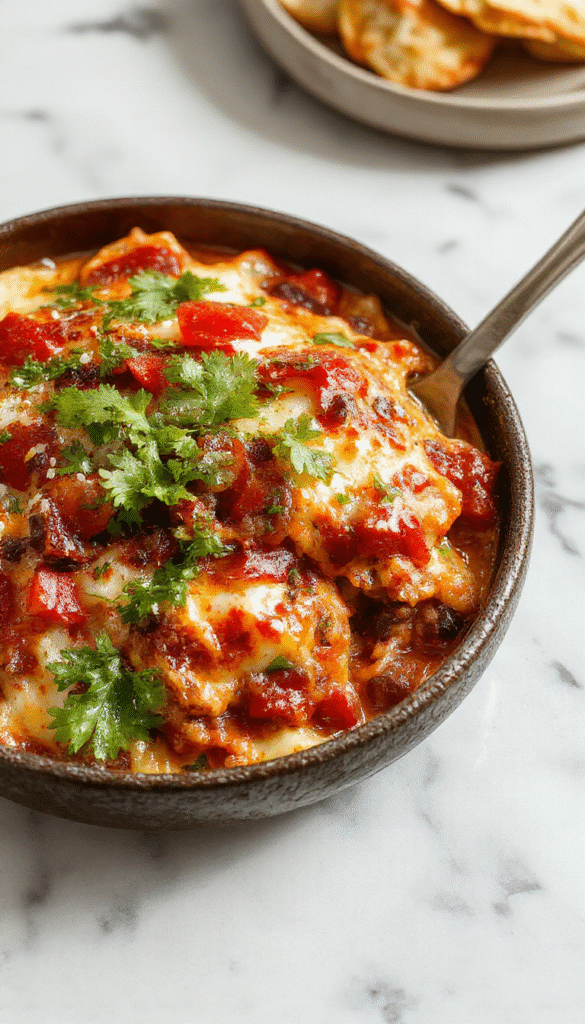 A vibrant skillet filled with layered chicken and vegetables covered in rich, melted cheese, garnished with fresh cilantro and sliced jalapenos, all arranged on a rustic wooden table with a side of lime wedges and colorful Mexican-inspired toppings.