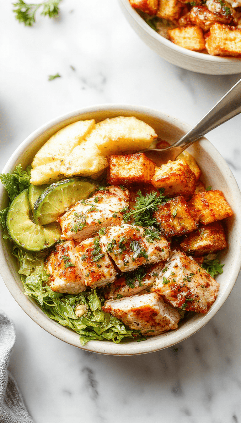 Colorful Greek chicken bowls featuring grilled chicken, cherry tomatoes, cucumber slices, creamy hummus, and crumbled feta cheese arranged in a neat bowl on a rustic wooden table with fresh herbs and lemon wedges, vibrant and appetizing textures.