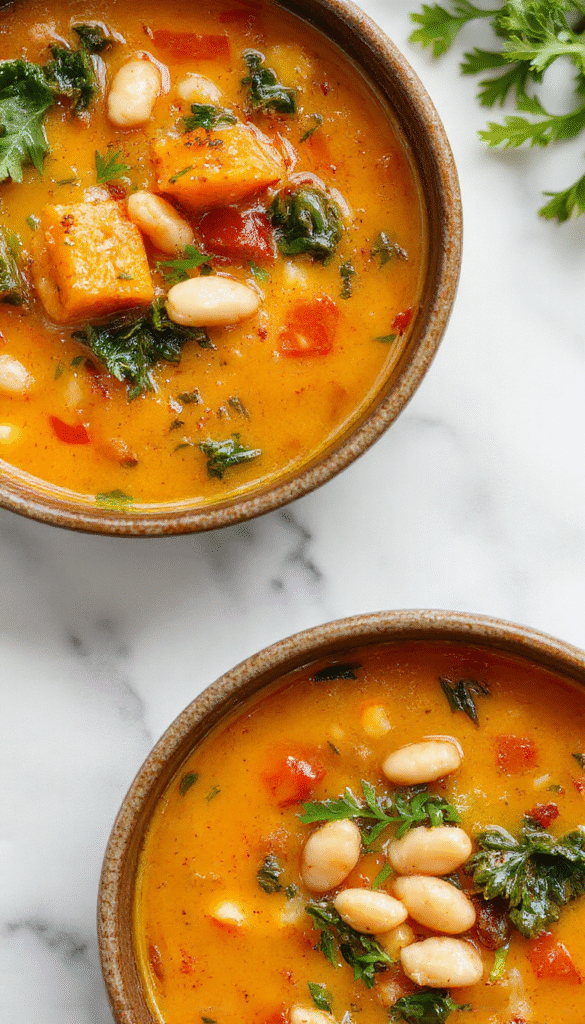 A warm bowl of butternut squash, kale, and white bean soup garnished with fresh herbs, showcasing vibrant orange, deep green kale, and creamy white beans, served in a rustic bowl on a wooden table with a spoon.