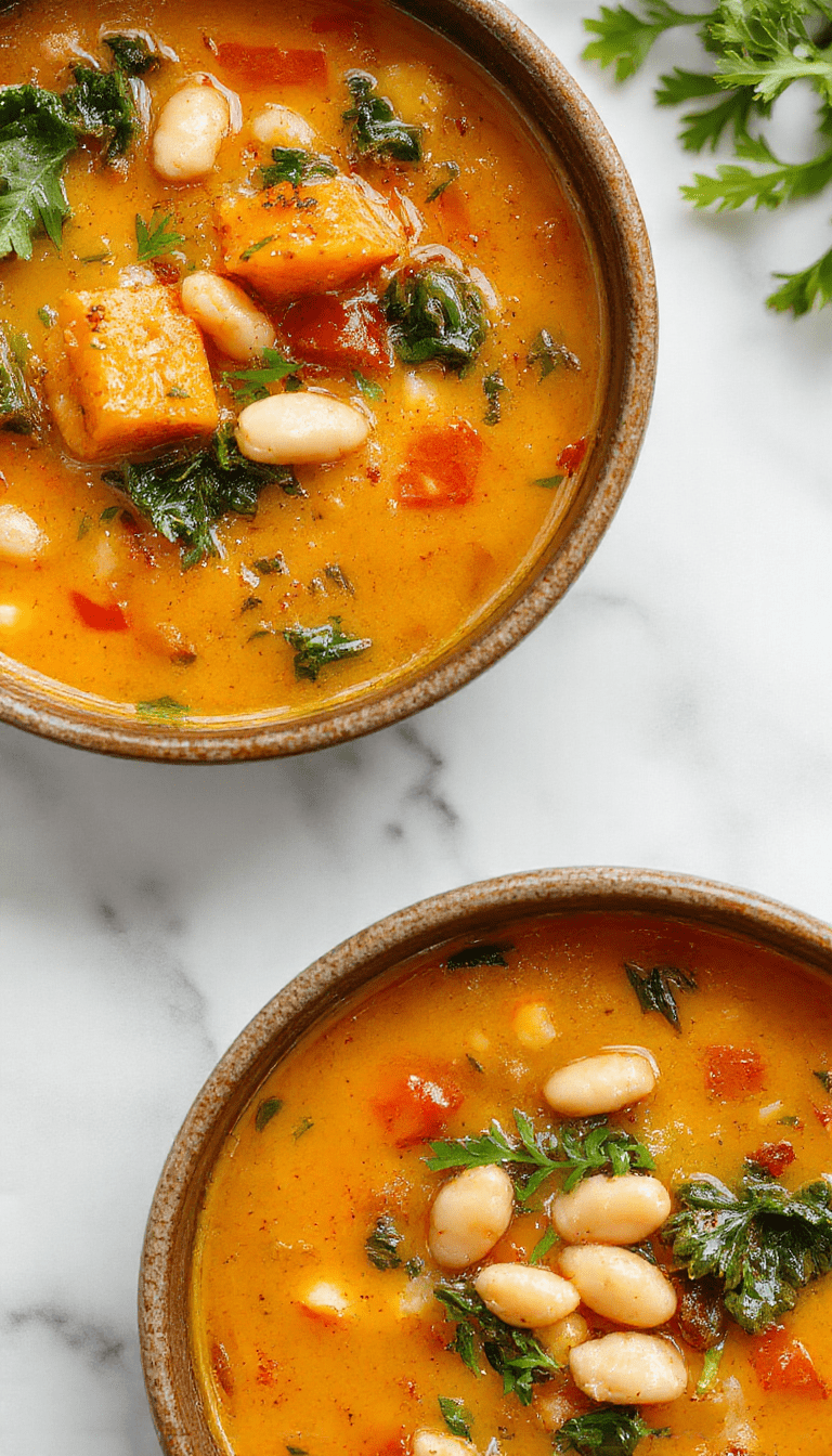 A warm bowl of butternut squash, kale, and white bean soup garnished with fresh herbs, showcasing vibrant orange, deep green kale, and creamy white beans, served in a rustic bowl on a wooden table with a spoon.