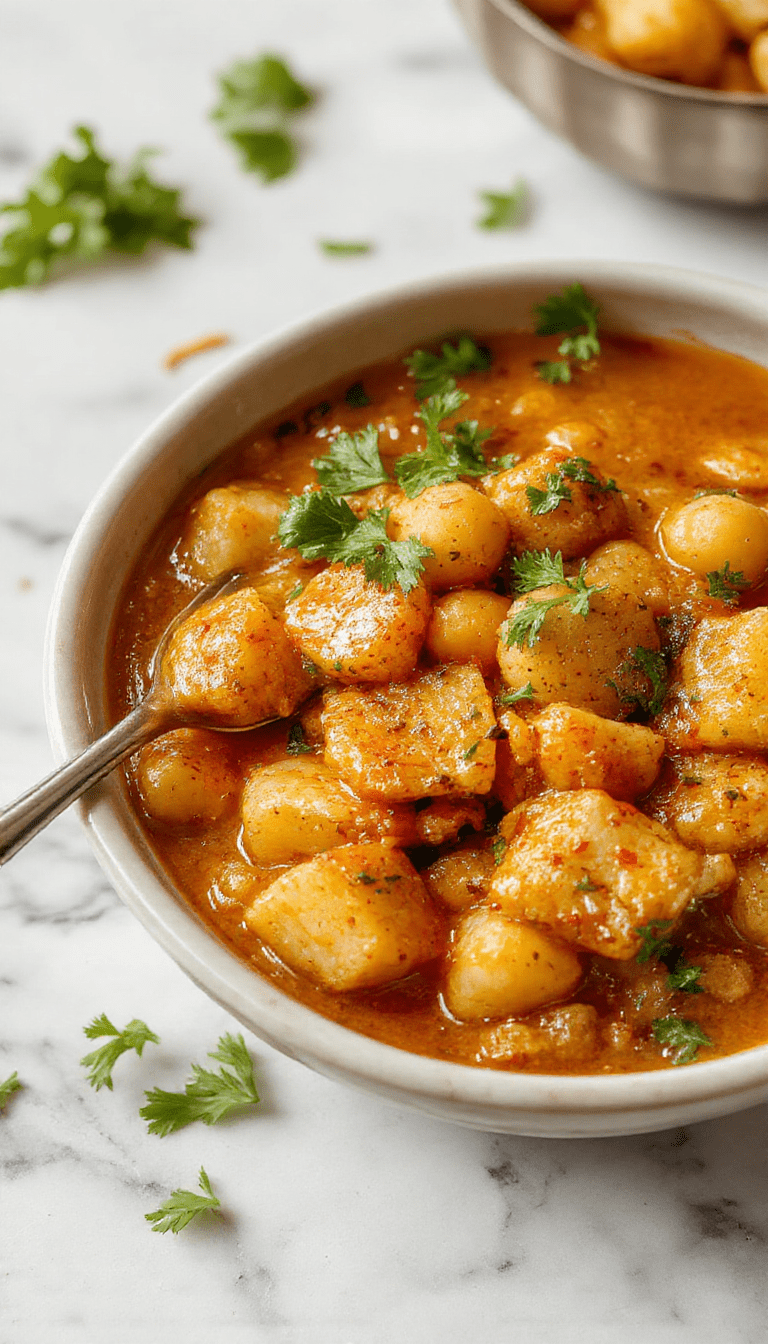 A vibrant bowl of chickpea and potato curry featuring golden potatoes and creamy chickpeas in a rich, spiced tomato sauce. The dish is garnished with fresh cilantro, served with warm naan bread, and styled on a rustic wooden table with colorful spices scattered around.