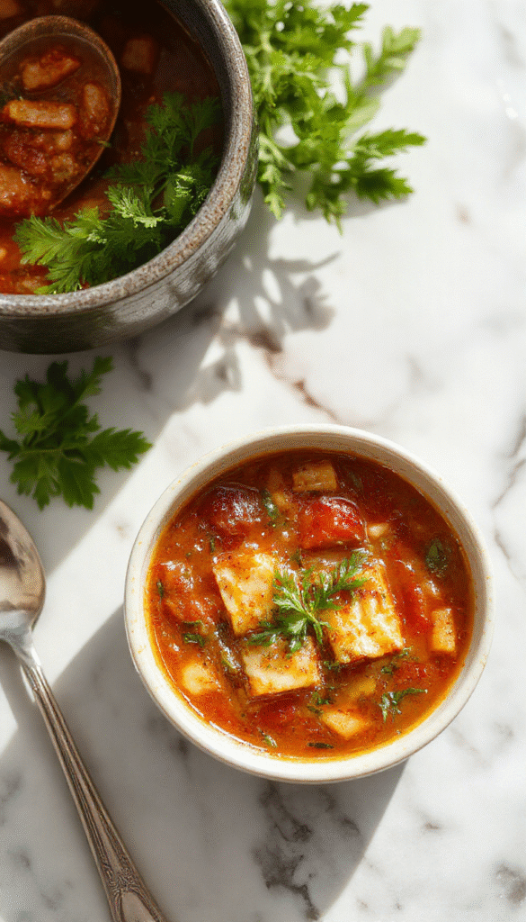 A steaming bowl of classic minestrone soup featuring vibrant diced tomatoes, green beans, carrots, and pasta in a clear broth, garnished with fresh basil and a sprinkle of Parmesan, served on a rustic wooden table with a spoon and fresh ingredients around.