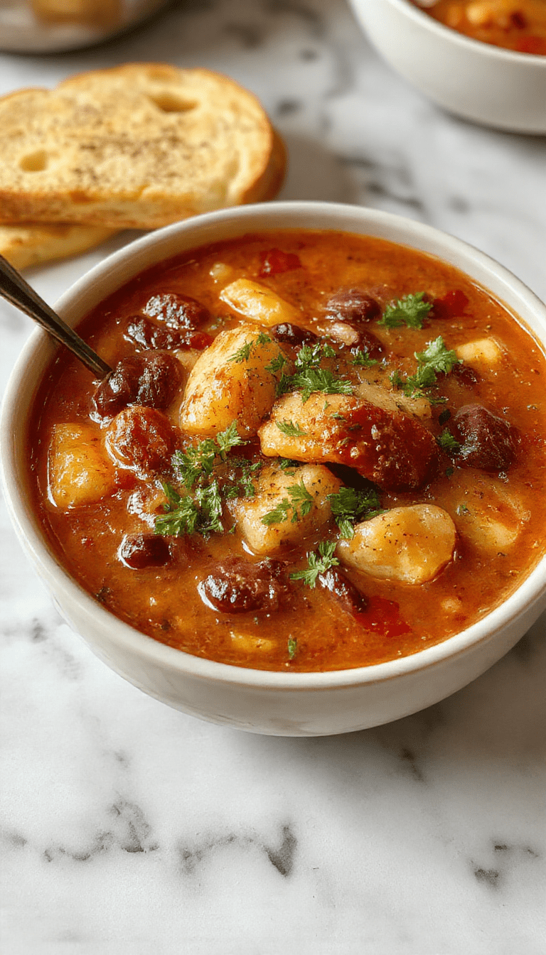 A steaming bowl of hearty cowboy soup placed on a rustic wooden table, featuring chunks of tender beef, kidney beans, corn, and diced tomatoes garnished with fresh herbs, surrounded by rustic bread and a spoon, with vibrant colors and textures highlighting the savory ingredients
