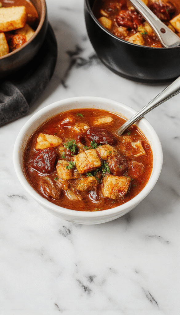 A rustic bowl of cowboy stew filled with chunks of tender beef, diced potatoes, vibrant carrots, and green beans in a rich, thick tomato-based broth. The bowl is placed on a wooden table with a side of crusty bread, garnished with fresh herbs, steaming hot and inviting, showcasing hearty textures and warm earthy colors.