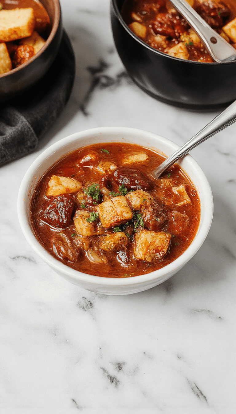 A rustic bowl of cowboy stew filled with chunks of tender beef, diced potatoes, vibrant carrots, and green beans in a rich, thick tomato-based broth. The bowl is placed on a wooden table with a side of crusty bread, garnished with fresh herbs, steaming hot and inviting, showcasing hearty textures and warm earthy colors.