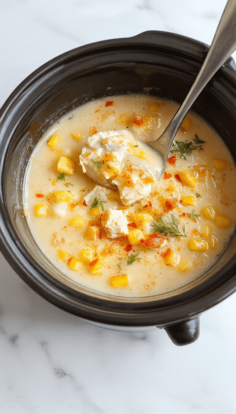 A steaming bowl of creamy chicken corn chowder garnished with chopped green onions and fresh thyme, surrounded by chunks of tender chicken, sweet corn kernels, and creamy broth, served in a white ceramic bowl on a rustic wooden table with a silver spoon.