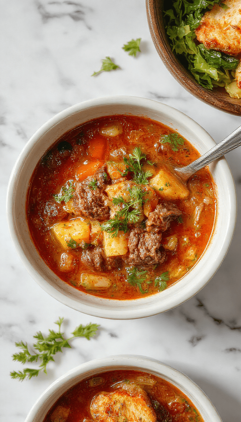 A colorful bowl of homemade vegetable beef soup featuring chunks of tender beef, vibrant carrots, celery, potatoes, green beans, and tomatoes, all simmered in a rich broth. The soup is garnished with fresh herbs and served with slices of crusty bread on a rustic wooden table, evoking a warm, comforting meal.