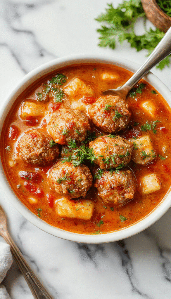 A vibrant bowl of Italian meatball soup featuring plump meatballs, shredded carrots, chopped parsley, and melted cheese garnishes, all in a clear, aromatic broth, styled on a rustic wooden table with fresh herbs and bread nearby