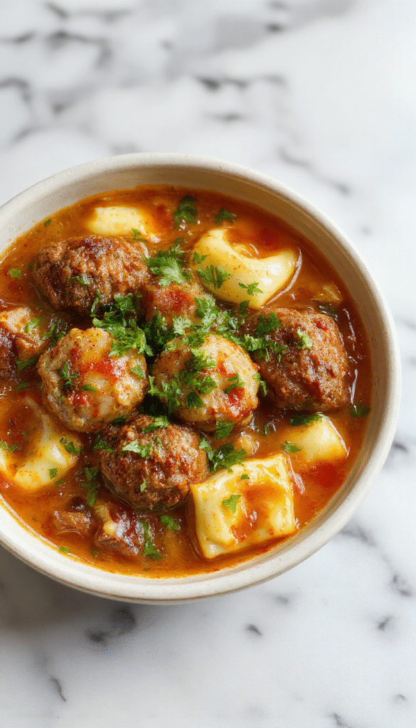 A vibrant bowl of hearty Italian meatball tortellini soup with juicy meatballs, plump tortellini, fresh basil, and grated cheese, served in a rustic white bowl on a wooden table with a spoon and bread on the side