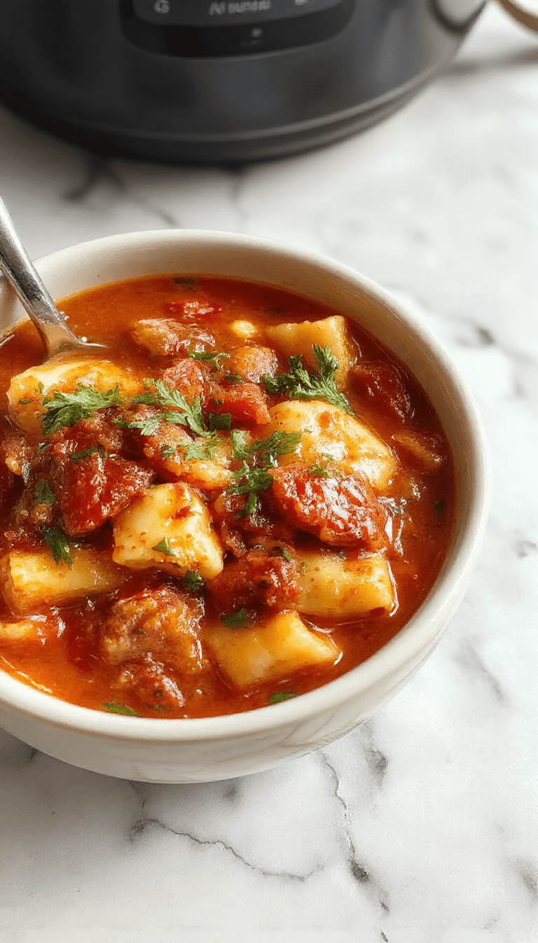 A vibrant bowl of Italian Pasta Fagioli Soup featuring a rich tomato-based broth filled with tender pasta, cannellini beans, and chopped herbs, garnished with freshly grated Parmesan cheese and a sprig of basil, presented on a rustic wooden table with a spoon resting on the side
