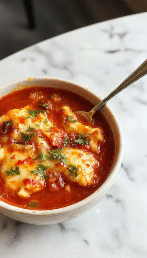 A vibrant bowl of lasagna soup topped with melted cheese, fresh basil, and diced tomatoes, surrounded by toasted bread and ingredients on a rustic wooden table, with steam rising highlighting its warm and comforting appearance.