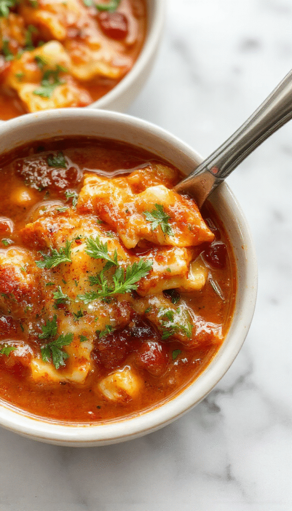 A steaming bowl of lasagna soup garnished with melted cheese, fresh basil, and torn lasagna noodles. The vibrant red tomato broth contrasts with the creamy cheese and green herbs, presented on a rustic wooden table with a spoon and bread on the side.