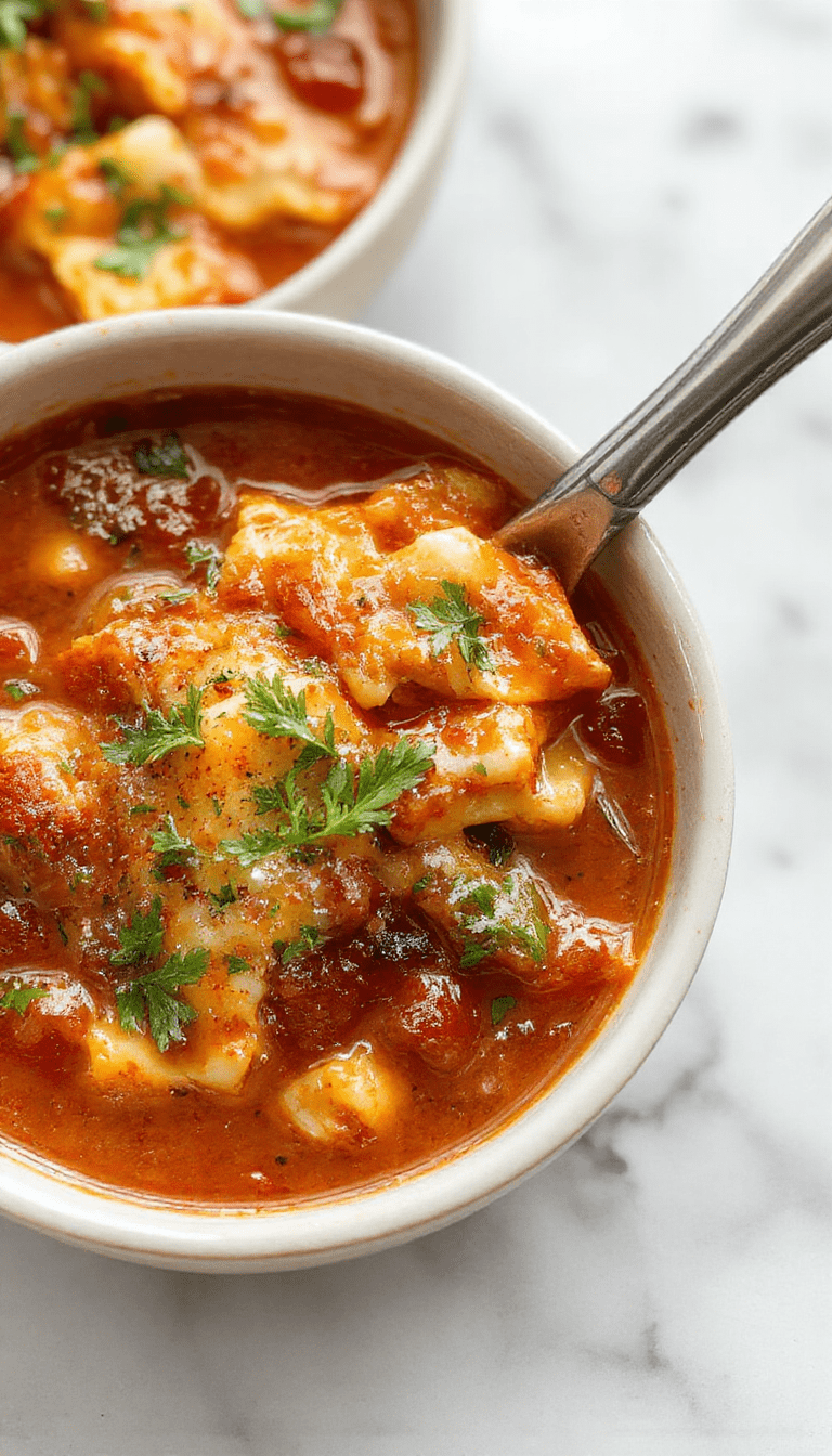 A steaming bowl of lasagna soup garnished with melted cheese, fresh basil, and torn lasagna noodles. The vibrant red tomato broth contrasts with the creamy cheese and green herbs, presented on a rustic wooden table with a spoon and bread on the side.