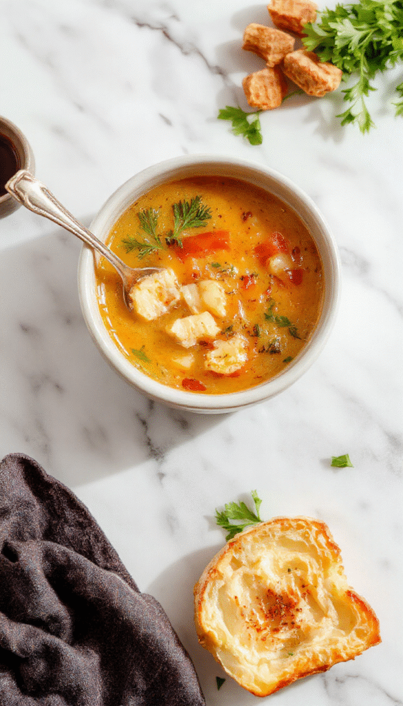 A bowl of hearty leftover turkey soup with chunks of turkey, vegetables, and herbs in a clear broth, garnished with fresh parsley, served on a rustic wooden table with warm lighting and a slice of crusty bread beside it.